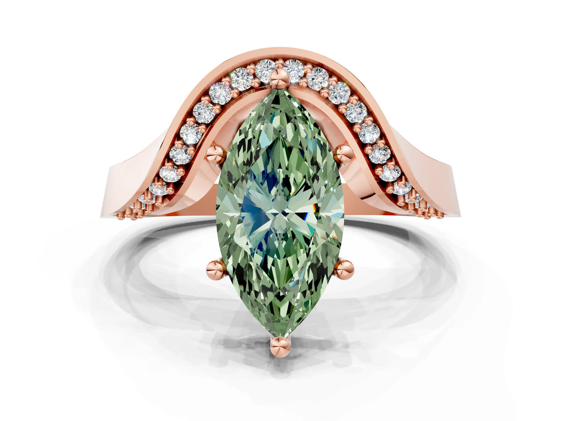 Rose gold Fancy Green Marquise  Solitaire Diamond Engagement Ring with Pave Band and Four-Prong Setting 1