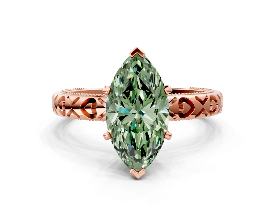 Rose gold Fancy Green Marquise  Solitaire Diamond Engagement Ring with XO Engraved Band and Four-Prong Setting 1