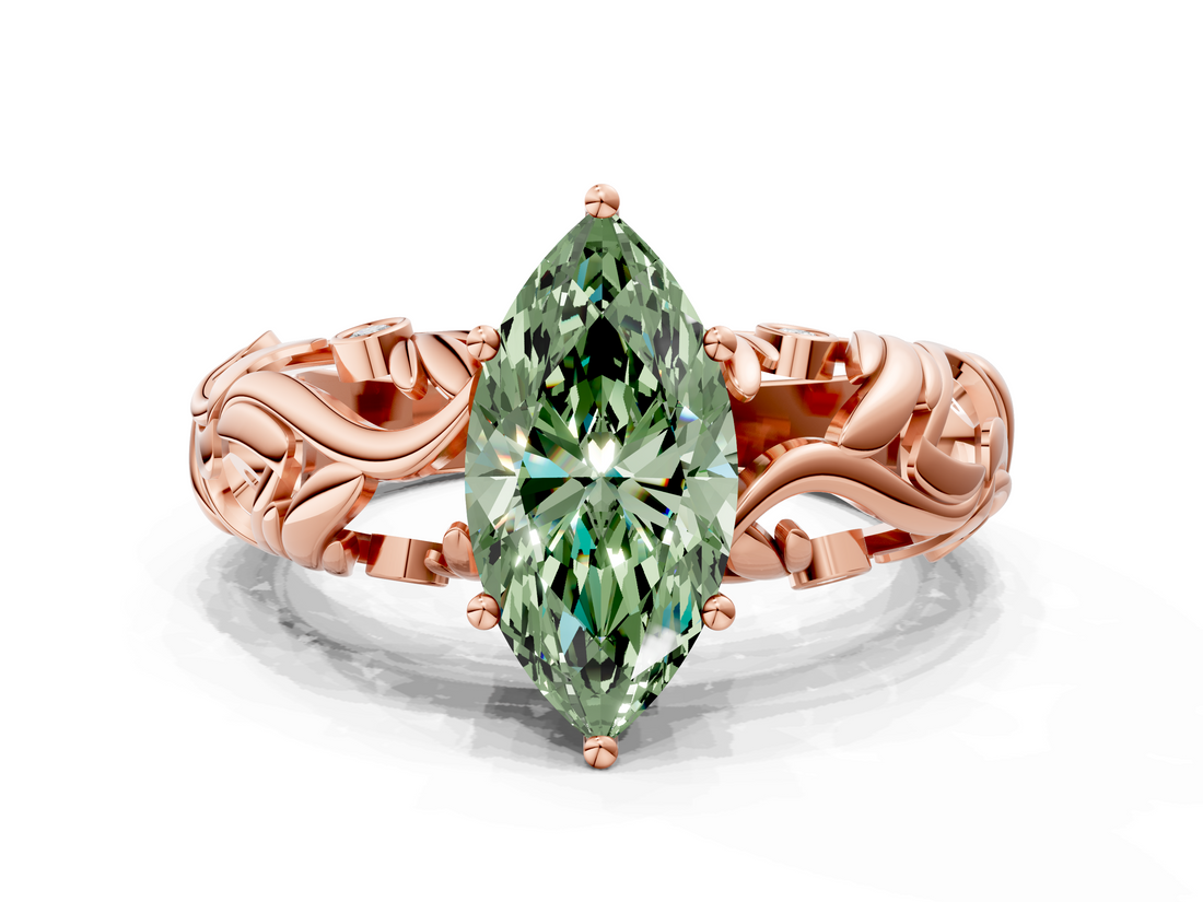 Rose gold Fancy Green Marquise  Solitaire Diamond Leaf Vine Band with Prong Setting_28