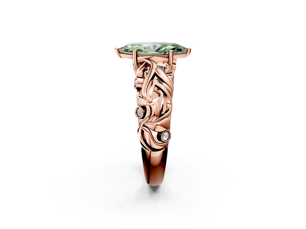 Rose gold Fancy Green Marquise Cut Solitaire Diamond Leaf-Inspired Vine Band Ring with Prong Setting
