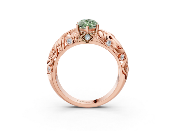 Rose gold Fancy Green Marquise Cut Solitaire Diamond Leaf-Inspired Vine Band Ring with Prong Setting