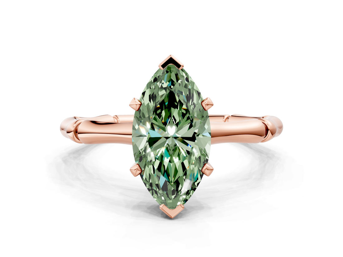 Rose gold Fancy Green Marquise  Solitaire Diamond Ring with Bamboo Band and Four-Prong Setting_55