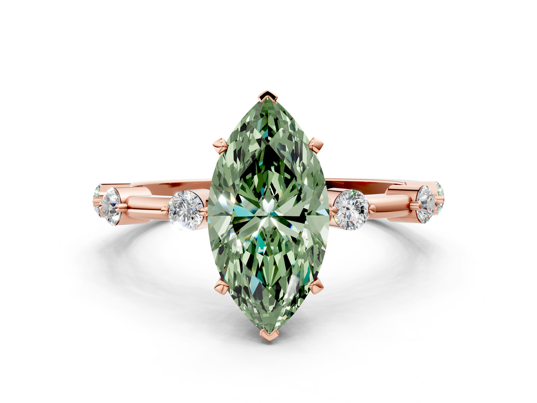 Rose gold Fancy Green Marquise  Solitaire Diamond Ring with Bezel Set Side Stones and Prong Setting_3
