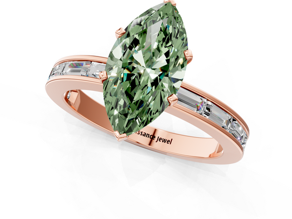 Rose gold Fancy Green Marquise  Solitaire Diamond Ring with Channel-Set Baguette Band and Four-Prong Setting