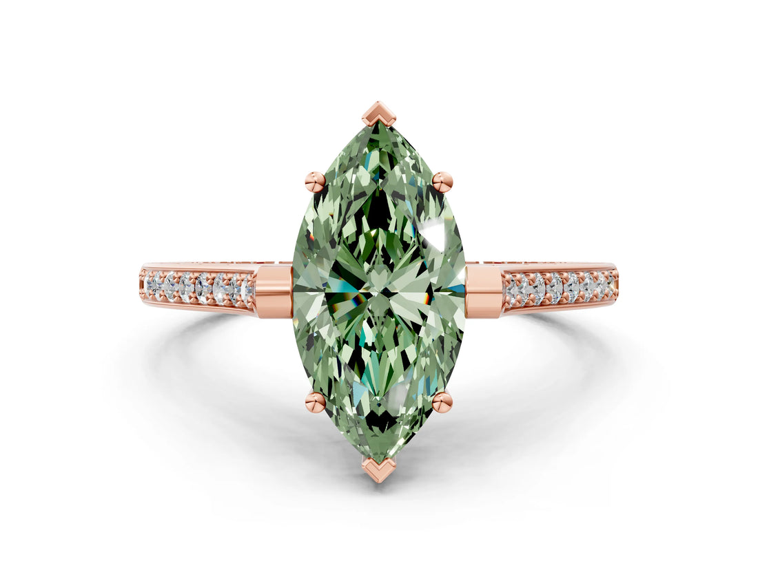 Rose gold Fancy Green Marquise  Solitaire Diamond Ring with Channel Set Band and Bezel Prong Setting_56