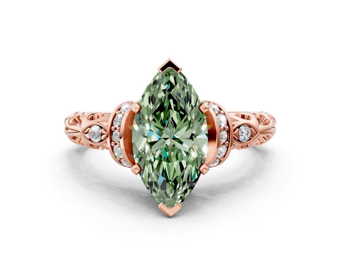 Rose gold Fancy Green Marquise  Solitaire Diamond Ring with Filigree Band and Four-Prong Setting_42