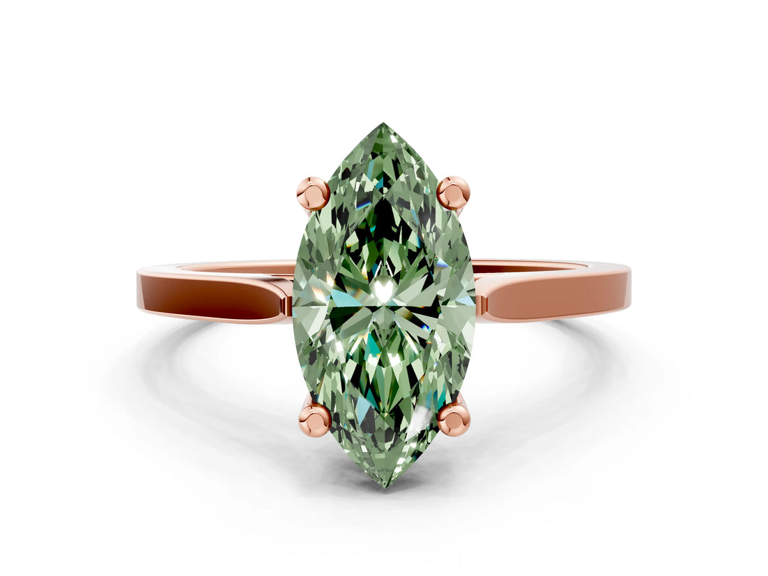 Rose gold Fancy Green Marquise  Solitaire Diamond Ring with Four-Prong Setting and Tapered Band 1