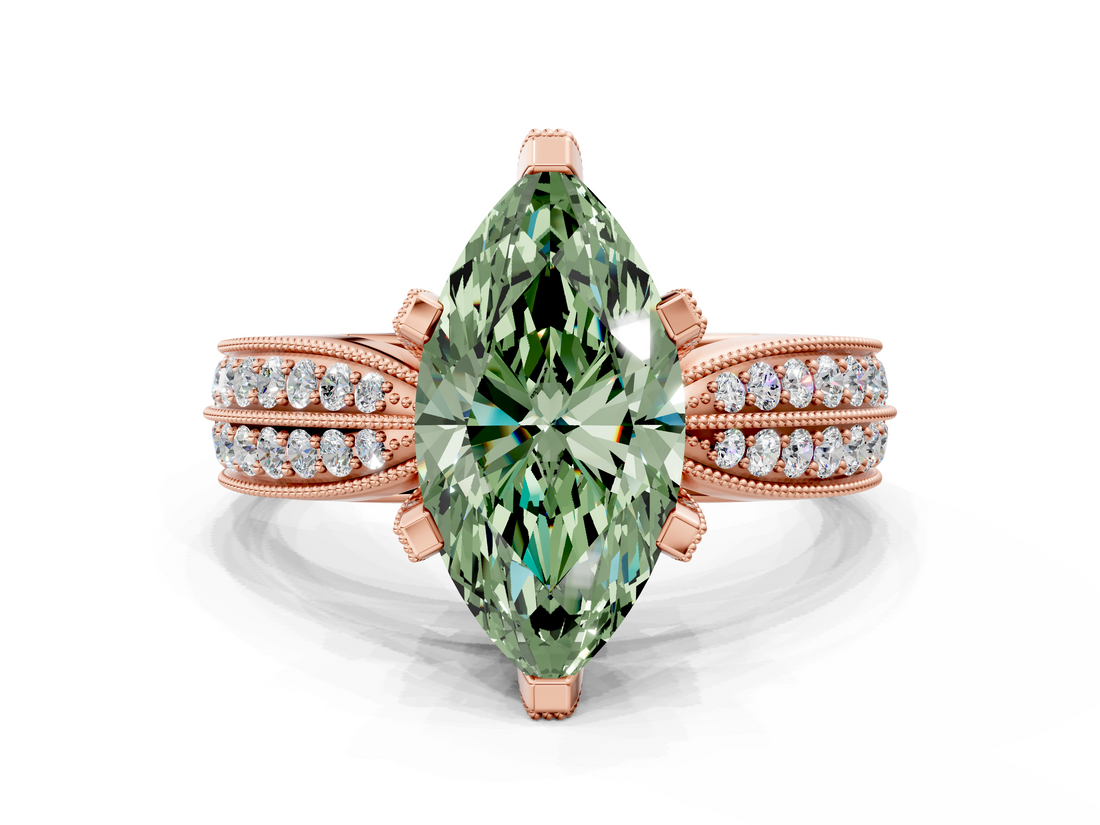 Rose gold Fancy Green Marquise  Solitaire Diamond Ring with Milgrain Pavé Band and Four-Prong Setting_19