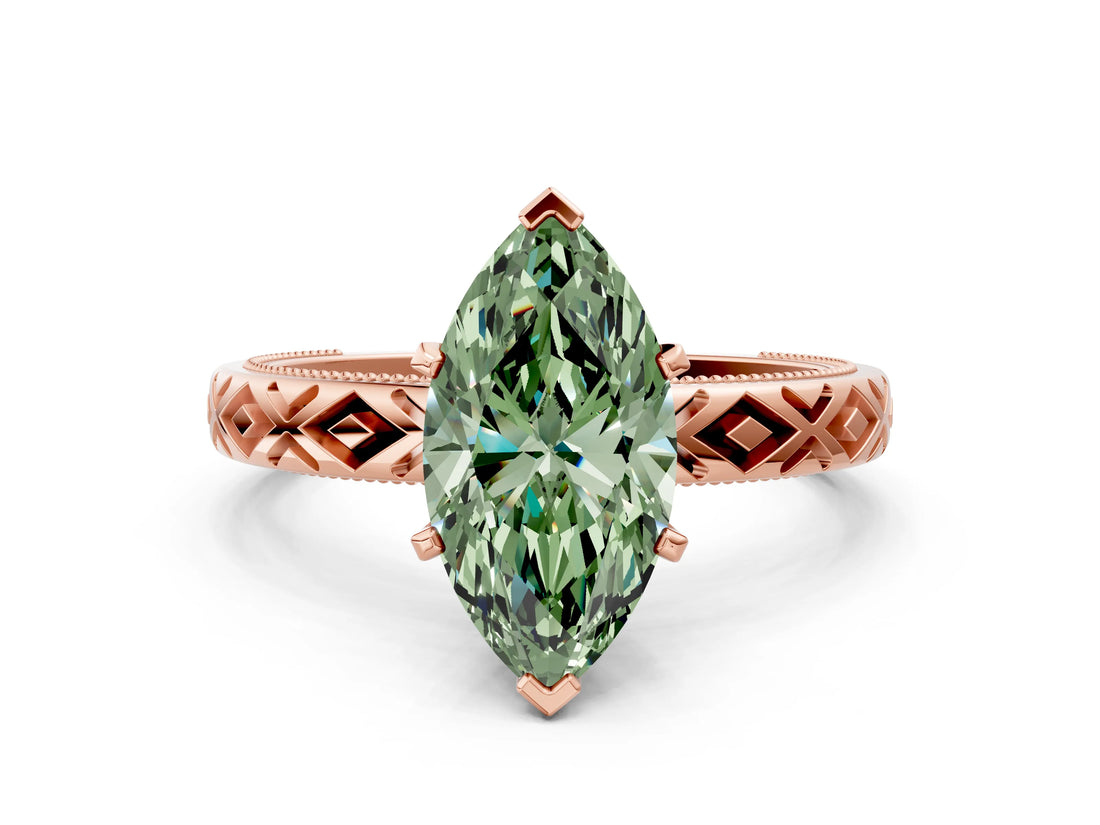 Rose gold Fancy Green Marquise  Solitaire Diamond Ring with Milgrain and Black Enamel X Pattern Band_112