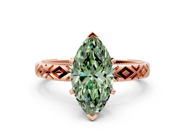 Rose gold Fancy Green Marquise  Solitaire Diamond Ring with Milgrain and Black Enamel X Pattern Band