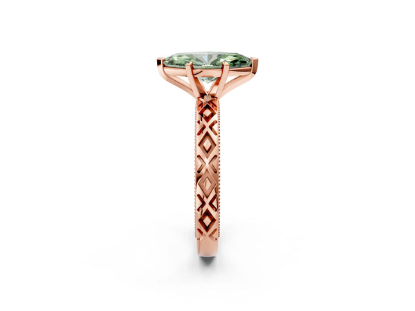 Rose gold Fancy Green Marquise  Solitaire Diamond Ring with Milgrain and Black Enamel X Pattern Band