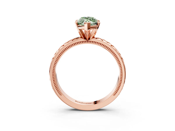 Rose gold Fancy Green Marquise  Solitaire Diamond Ring with Milgrain and Black Enamel X Pattern Band
