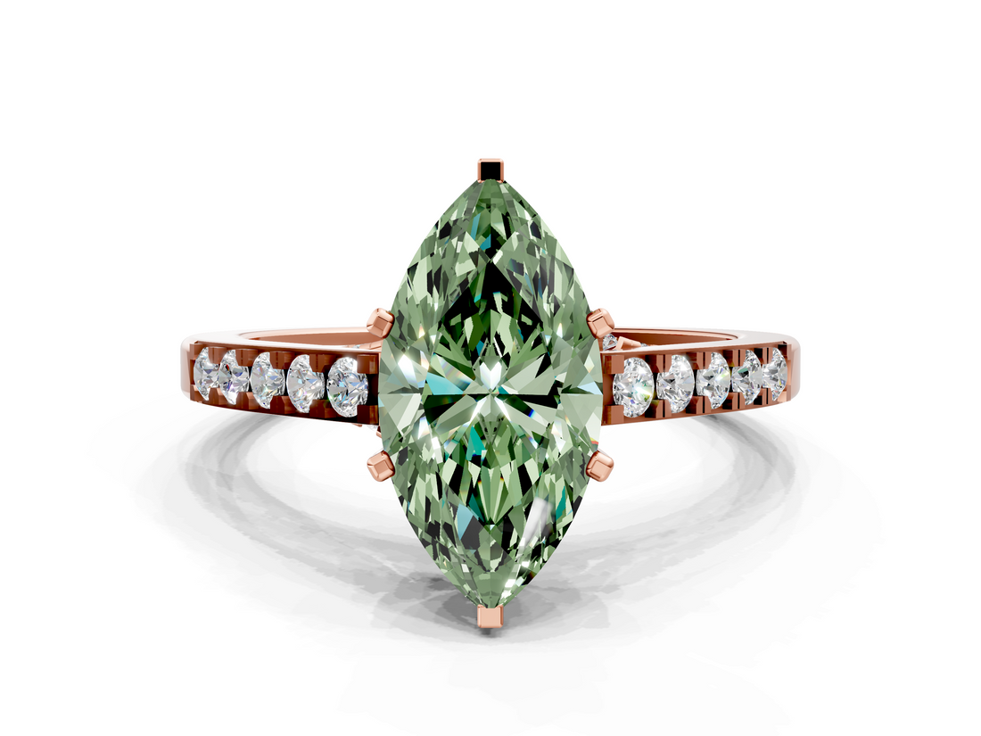 Rose gold Fancy Green Marquise  Solitaire Diamond Ring with Pavé Band and Four-Prong Setting_101