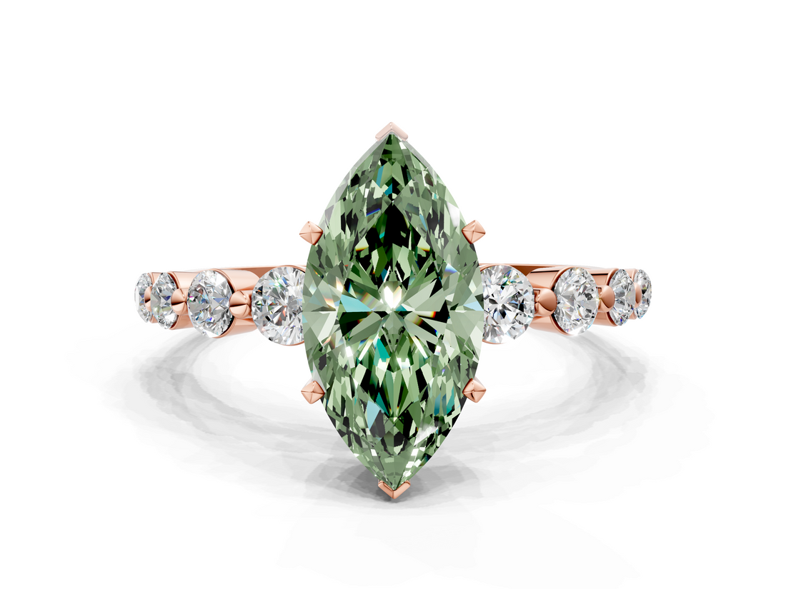 Rose gold Fancy Green Marquise  Solitaire Diamond Ring with Pave Band and Four-Prong Setting_271