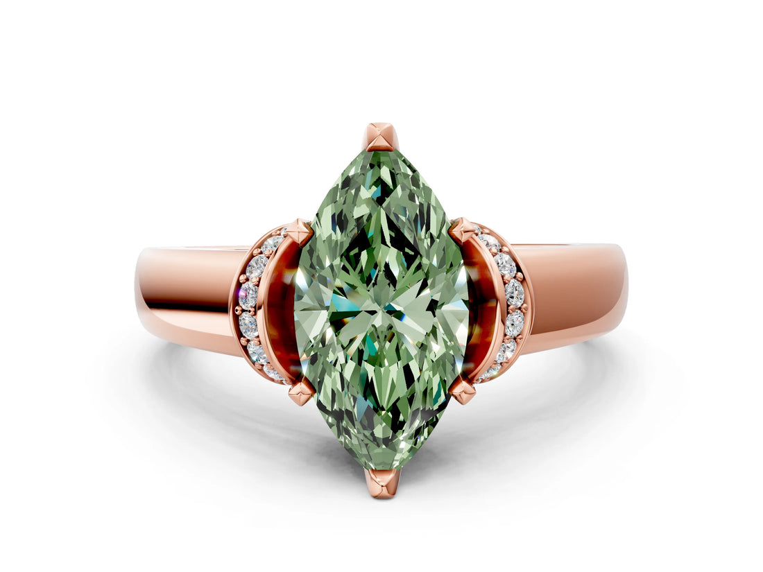 Rose gold Fancy Green Marquise  Solitaire Diamond Ring with Pave Band and Six-Prong Setting_32