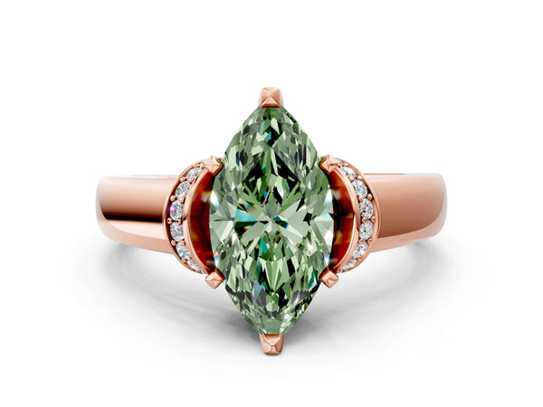 Rose gold Fancy Green Marquise  Solitaire Diamond Ring with Pave Band and Six-Prong Setting