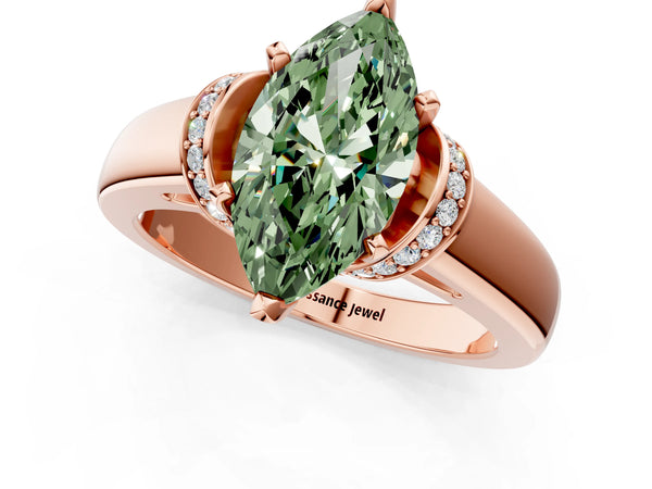 Rose gold Fancy Green Marquise  Solitaire Diamond Ring with Pave Band and Six-Prong Setting
