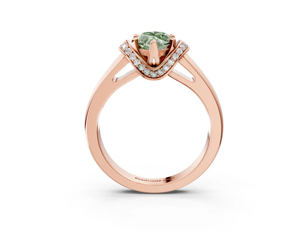 Rose gold Fancy Green Marquise  Solitaire Diamond Ring with Pave Band and Six-Prong Setting