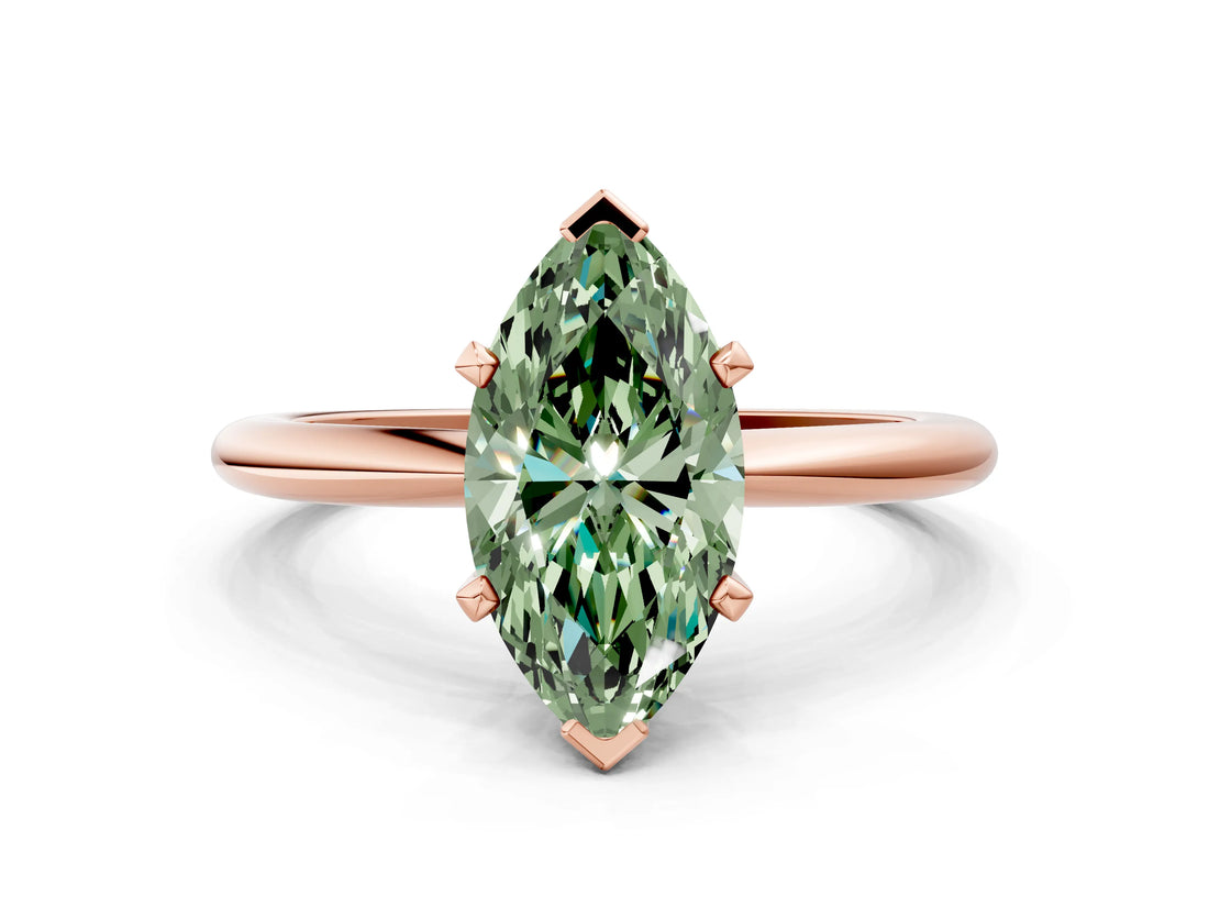 Rose gold Fancy Green Marquise  Solitaire Diamond Ring with Six-Prong Setting on a Classic Band