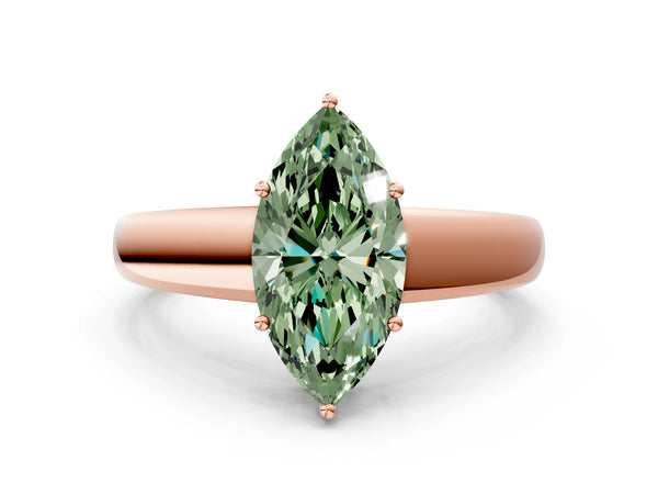 Rose gold Fancy Green Marquise  Solitaire Diamond Ring with Tapered Band and Four-Prong Setting