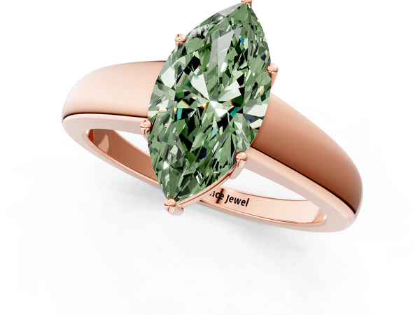 Rose gold Fancy Green Marquise  Solitaire Diamond Ring with Tapered Band and Four-Prong Setting