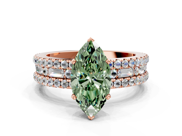 Rose gold Fancy Green Marquise Cut Diamond Solitaire Ring with Pavé and Channel Set Band