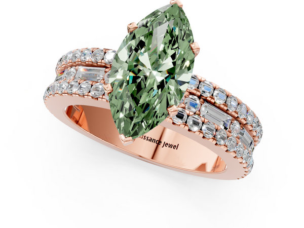 Rose gold Fancy Green Marquise Cut Diamond Solitaire Ring with Pavé and Channel Set Band