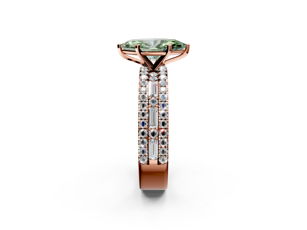 Rose gold Fancy Green Marquise Cut Diamond Solitaire Ring with Pavé and Channel Set Band