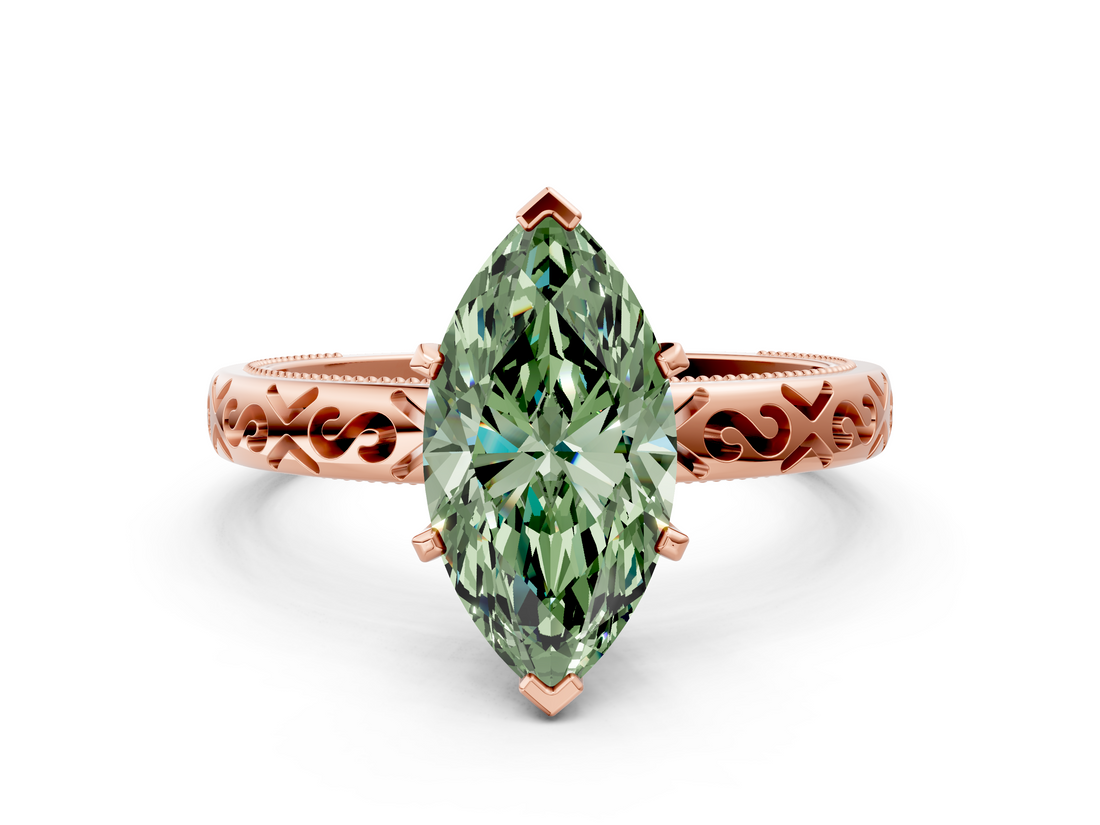Rose gold Fancy Green Marquise  Solitaire Engagement Ring with Scrollwork Band and Four-Prong Setting_135