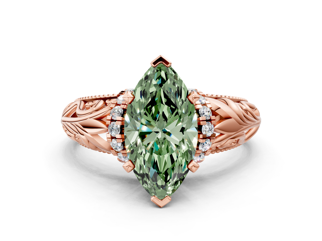 Rose gold Fancy Green Marquise  Solitaire Filigree Engagement Ring with Halo and Prong Setting_102