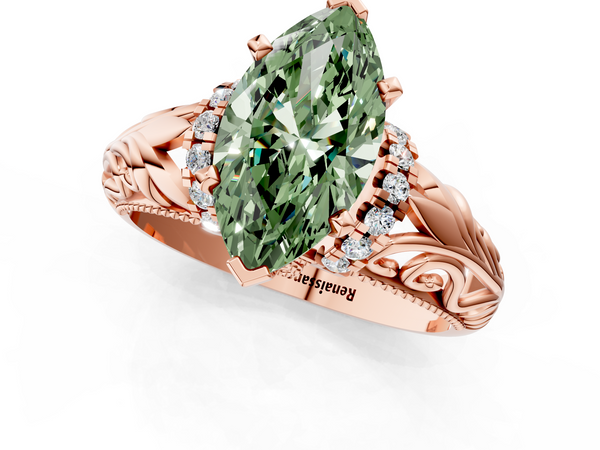 Rose gold Fancy Green Marquise  Solitaire Filigree Engagement Ring with Halo and Prong Setting