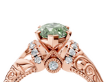 Rose gold Fancy Green Marquise  Solitaire Filigree Engagement Ring with Halo and Prong Setting_106