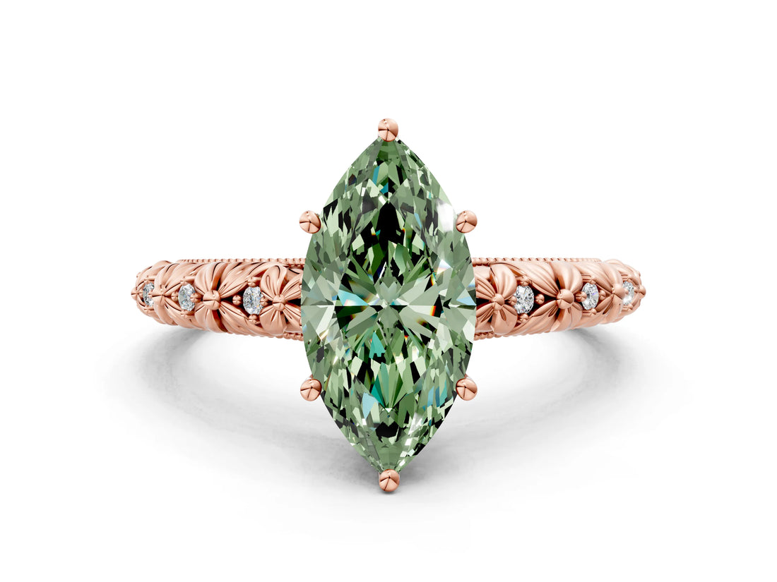 Rose gold Fancy Green Marquise  Solitaire Floral Milgrain Engagement Ring_49