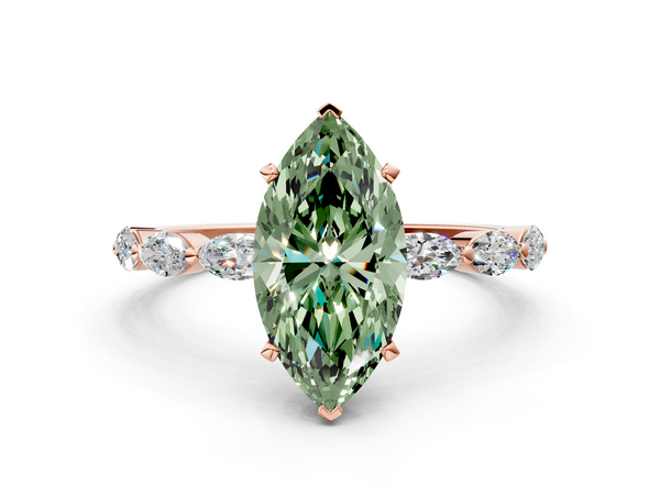 Rose gold Fancy Green Marquise Cut Diamond Ring with Marquise Side Stones and Prong Setting