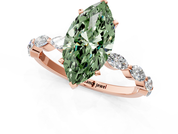 Rose gold Fancy Green Marquise Cut Diamond Ring with Marquise Side Stones and Prong Setting