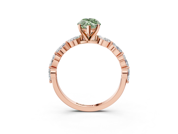 Rose gold Fancy Green Marquise Cut Diamond Ring with Marquise Side Stones and Prong Setting