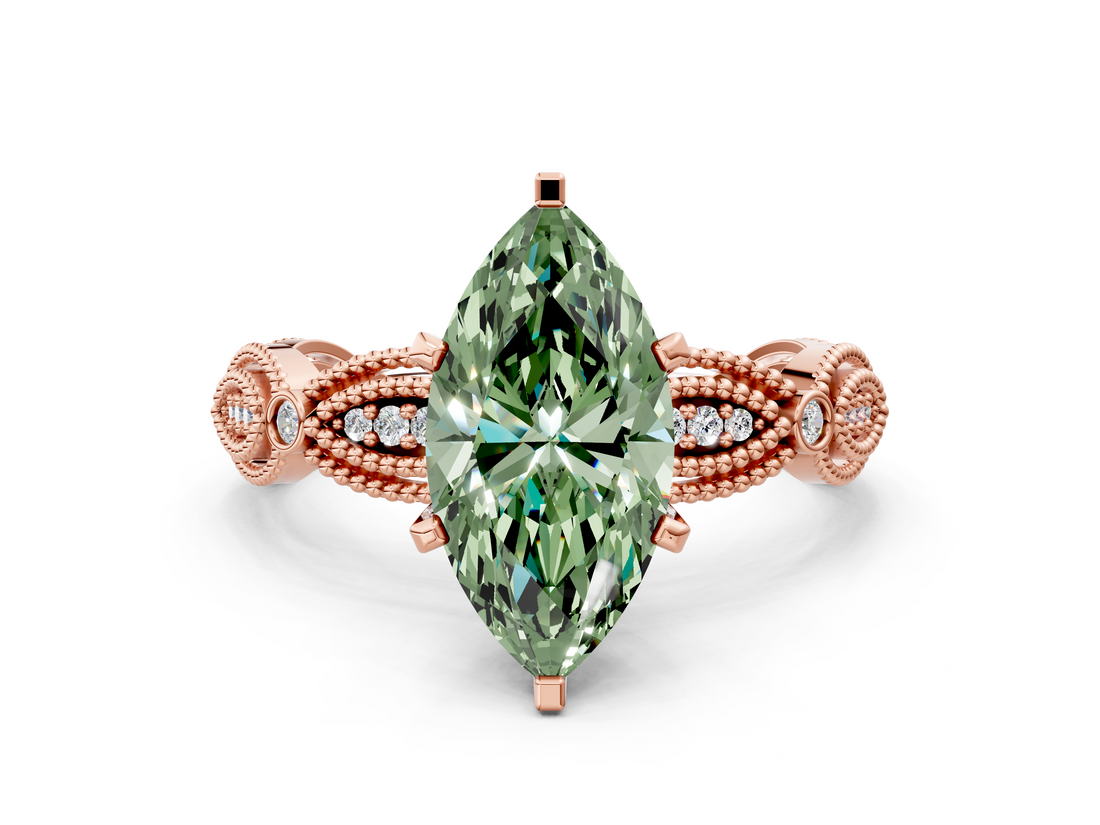 Rose gold Fancy Green Marquise  Solitaire Milgrain Diamond Engagement Ring with Bezel and Marquise Band_142