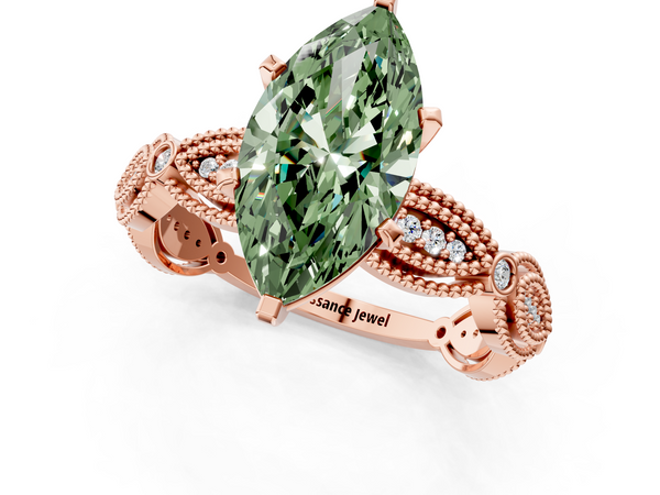 Rose gold Fancy Green Marquise  Solitaire Milgrain Diamond Engagement Ring with Bezel and Marquise Band