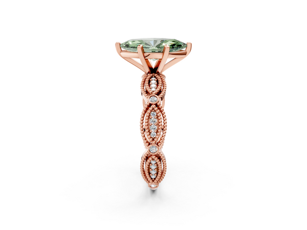 Rose gold Fancy Green Marquise  Solitaire Milgrain Diamond Engagement Ring with Bezel and Marquise Band