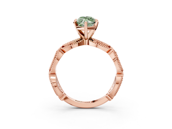 Rose gold Fancy Green Marquise  Solitaire Milgrain Diamond Engagement Ring with Bezel and Marquise Band