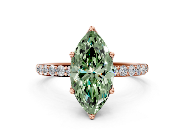 Rose gold Fancy Green Marquise Cut Diamond Solitaire Engagement Ring with Round  Pavé Band and Prong Setting