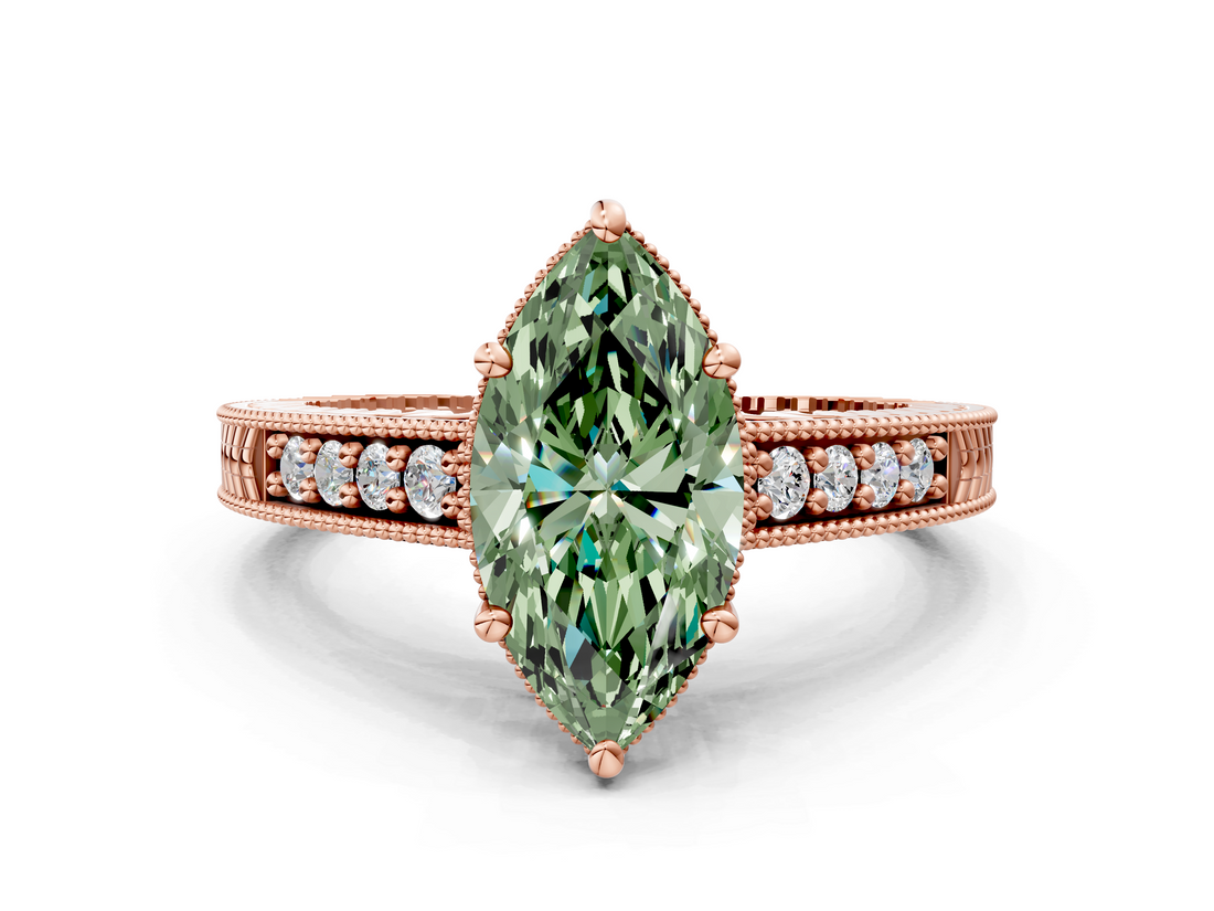 Rose gold Fancy Green Marquise  Solitaire Pavé Diamond Milgrain Engagement Ring with Four-Prong Setting_3
