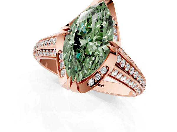 Rose gold Fancy Green Marquise  Solitaire Pave Split Shank Ring with Four-Prong Setting