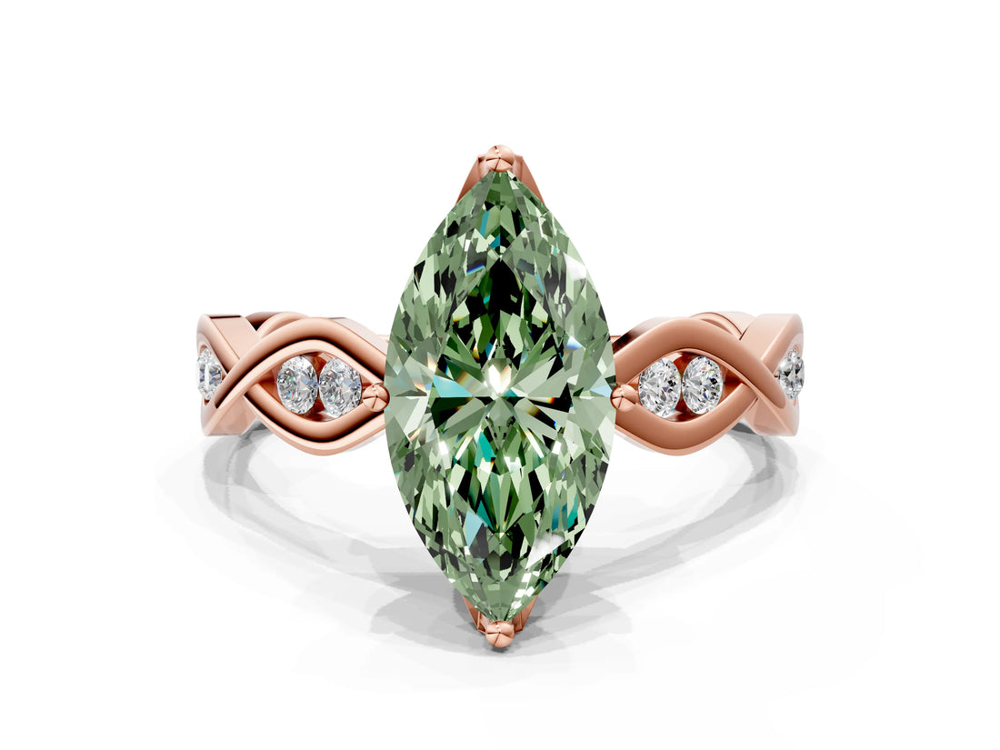 Rose gold Fancy Green Marquise  Solitaire Twist Band with Leaf Prong Setting 1