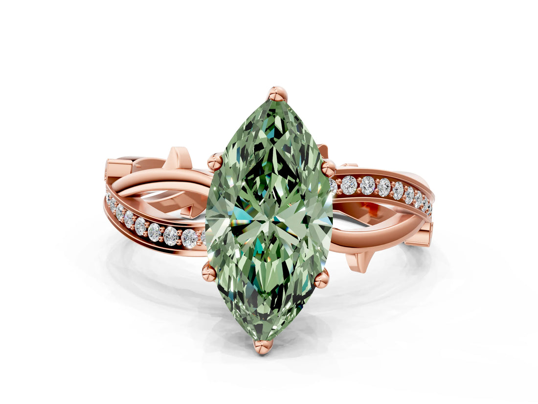 Rose gold Fancy Green Marquise  Solitaire Twist Band with Pavé Accents and Four-Prong Setting_32