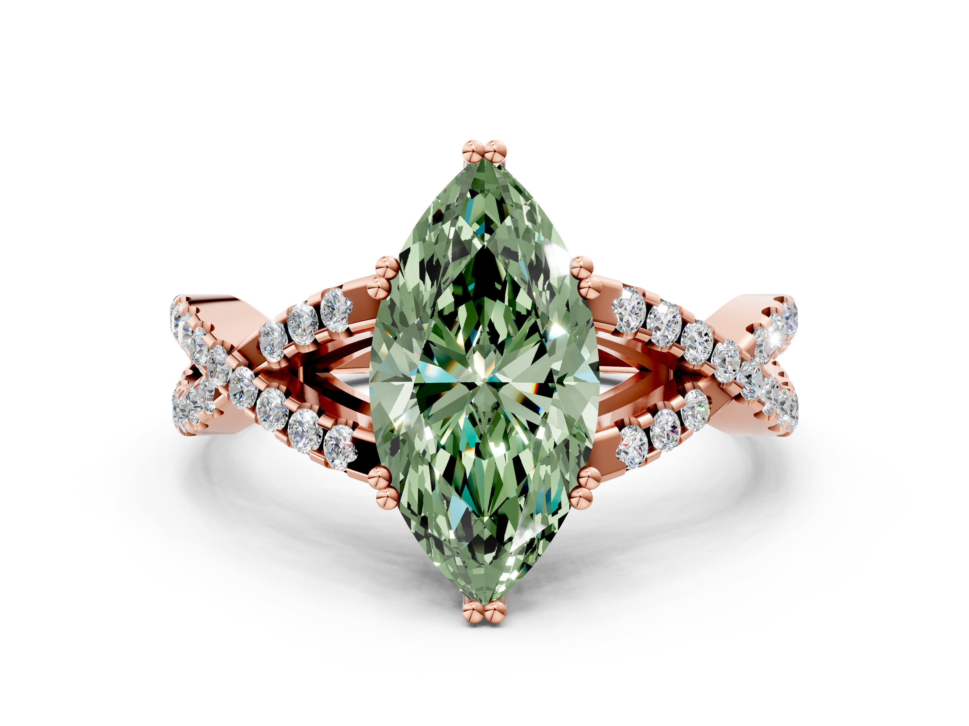 Rose gold Fancy Green Marquise  Solitaire Twist Band with Pavé Setting and Four-Prong Setting_17