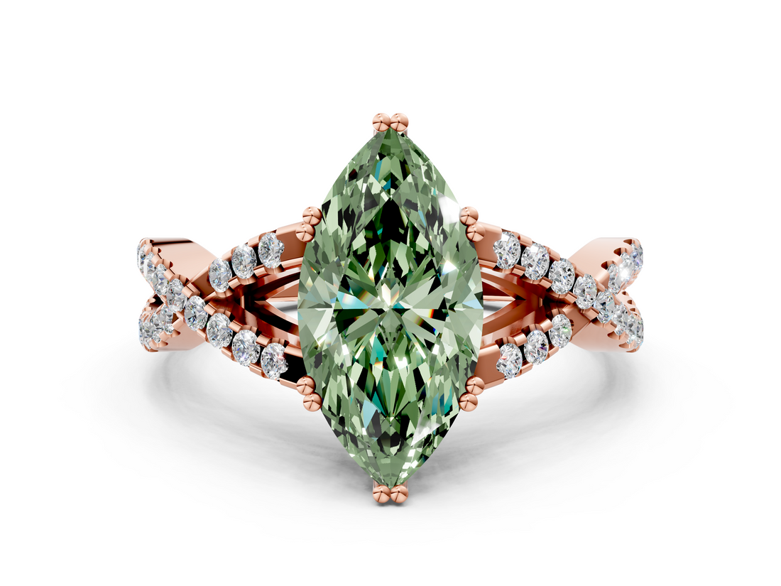 Rose gold Fancy Green Marquise  Solitaire Twist Band with Pavé Setting and Four-Prong Setting_17