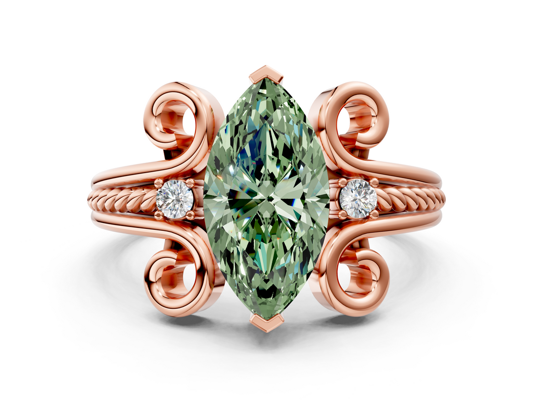Rose gold Fancy Green Marquise  Solitaire Twisted Band Scroll Prong Ring_34