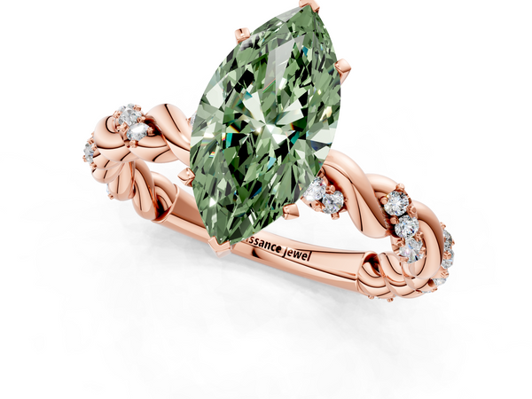 Rose gold Fancy Green Marquise Cut Diamond Solitaire Ring with Twisted Band and Pavé Accents