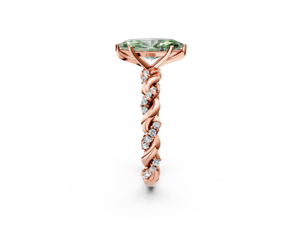 Rose gold Fancy Green Marquise Cut Diamond Solitaire Ring with Twisted Band and Pavé Accents